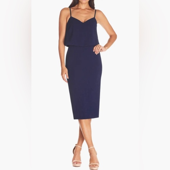 NWT Dress the Population Alondra Blouson Sheath Dress Midnight Navy Blue Medium - Picture 1 of 14